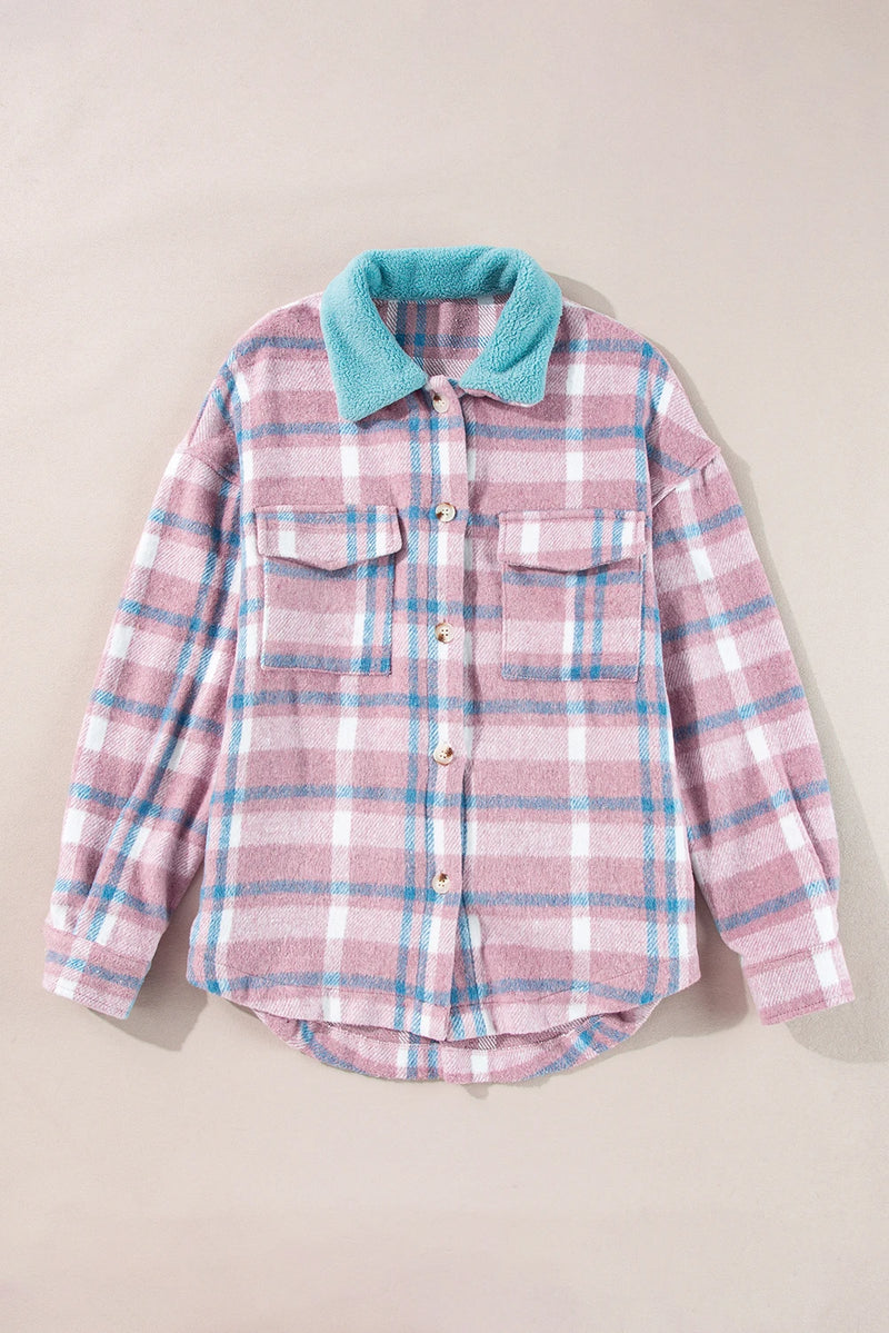Load image into Gallery viewer, DLLS907 - Ladies Pink Plaid Print Color Block Collared Flap Pockets Loose Shacket
