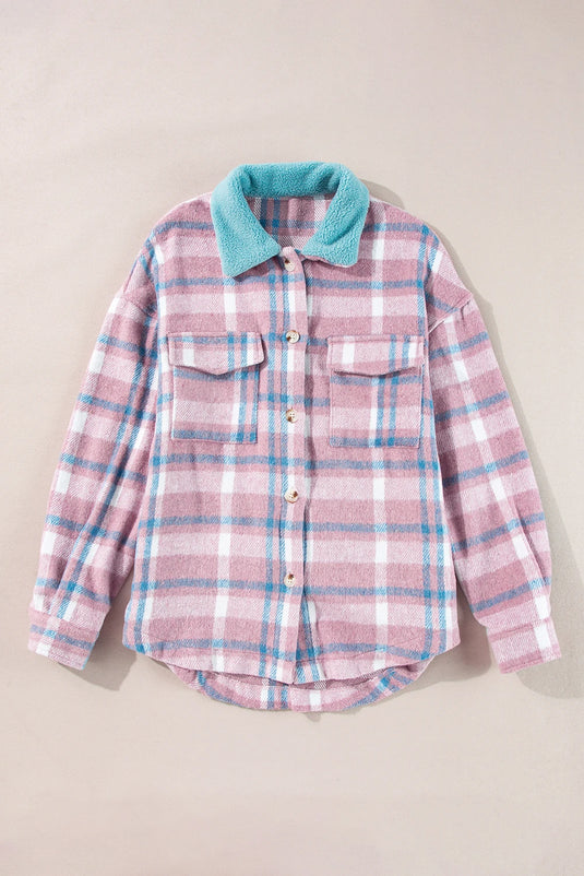 DLLS907 - Ladies Pink Plaid Print Color Block Collared Flap Pockets Loose Shacket