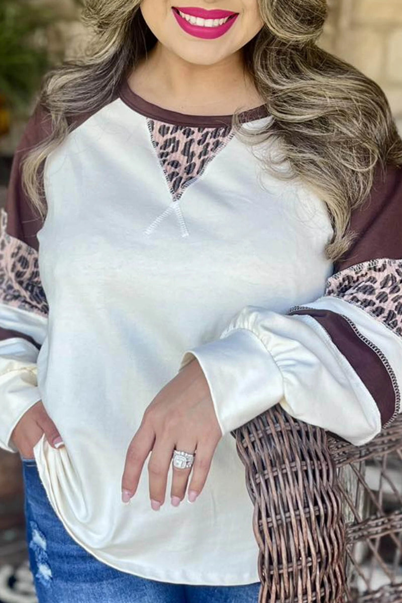 Load image into Gallery viewer, DLLS720 - Ladies Beige Leopard Colorblock Round Neck Long Sleeve Plus Size Blouse
