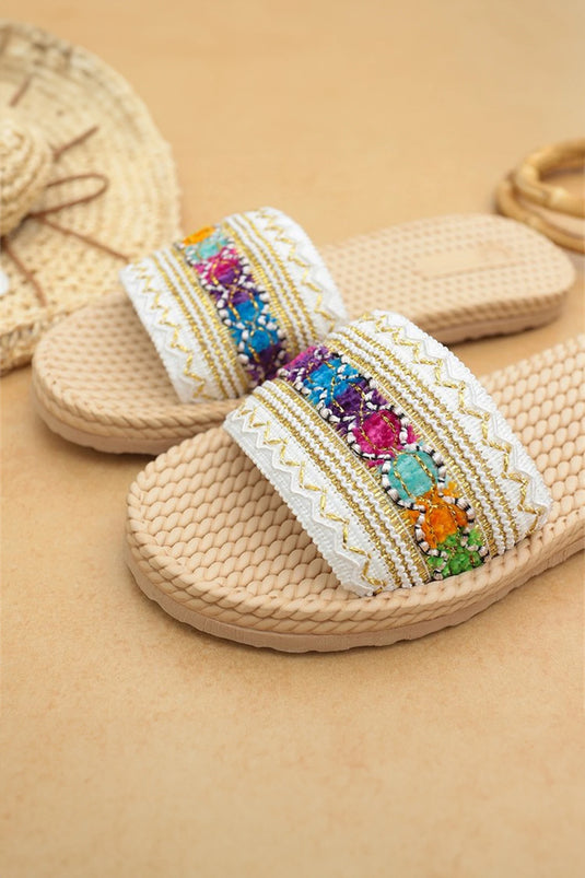 DLLSHOE 5 - Parchment Bohemian Vacation Woven Colorful Detail Wide Band Slippers