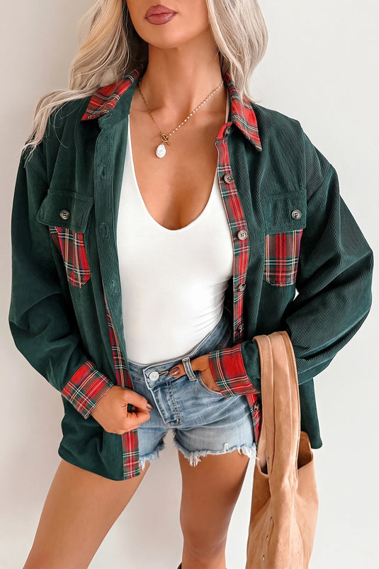 DLLS876 - Ladies Blackish Green Plaid Pocket Button Long Sleeve Shift Shacket