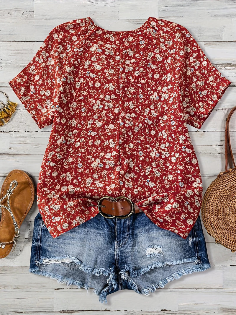 Load image into Gallery viewer, TMTSHT108 - Ladies Red Floral Print V Neck Shirt
