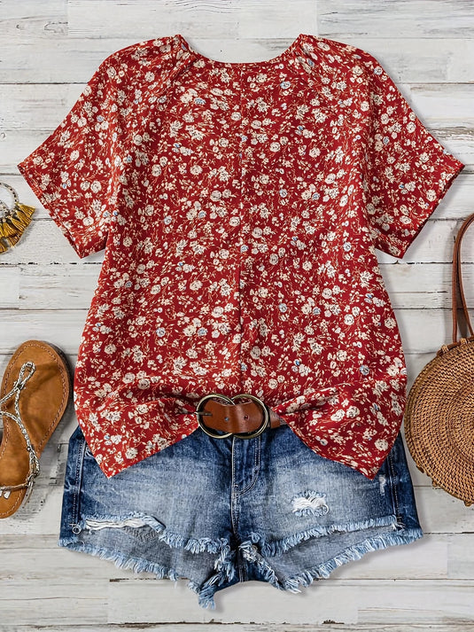 TMTSHT108 - Ladies Red Floral Print V Neck Shirt