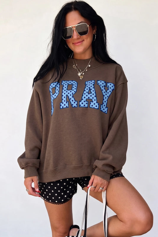 DLLS1032 - Ladies Coffee PRAY Polka Dot Embroidered Mock Neck Sweatshirt
