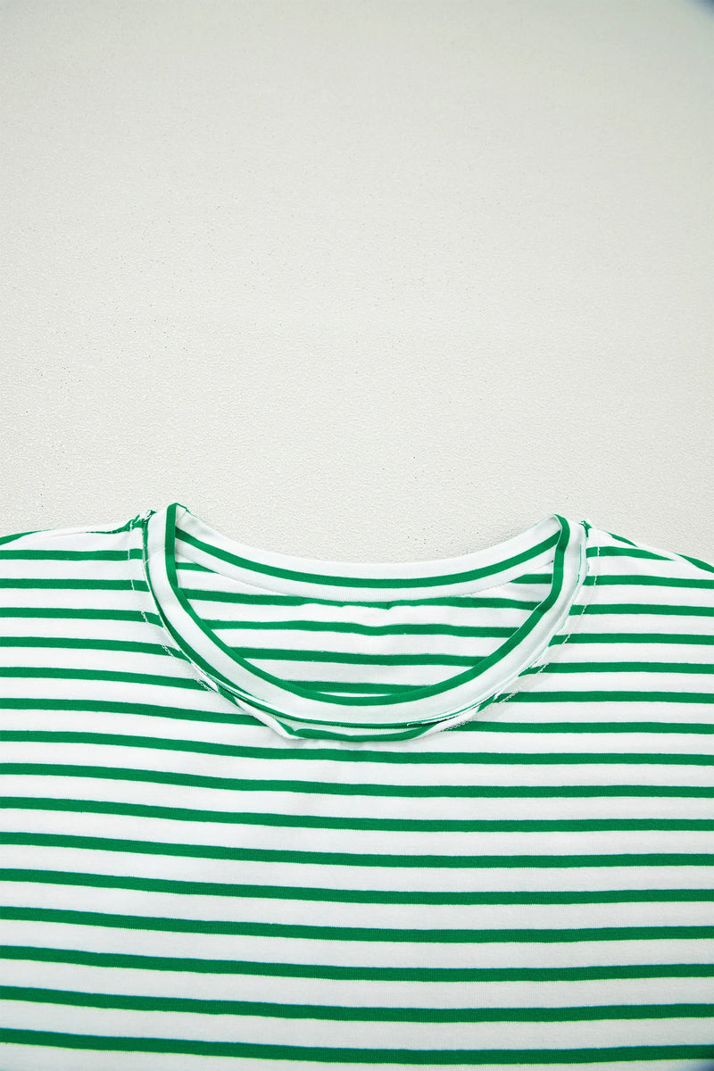 Load image into Gallery viewer, DLLS507 - Ladies Green Stripe Floral Puff Sleeve Patchwork Round Neck Loose Top

