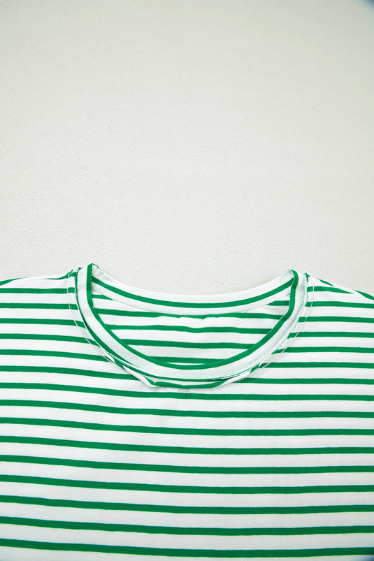 DLLS507 - Ladies Green Stripe Floral Puff Sleeve Patchwork Round Neck Loose Top