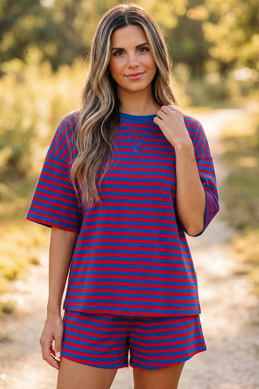 DLLS574 - Ladies Navy Stripe Ribbed Cotton Two-Piece Short Set with Chest Patch Detail