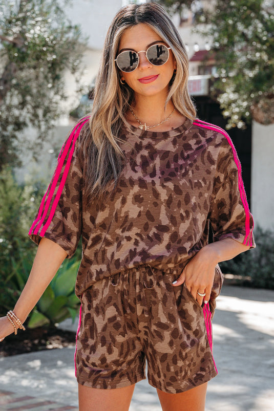DLLS598 - Ladies Brown Contrast Striped Accent Leopard Short Set