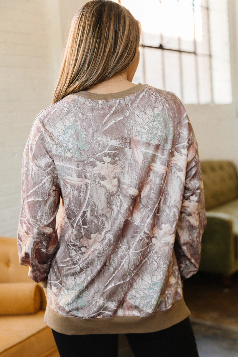 Load image into Gallery viewer, DLLS736 - Ladies Brown Abstract Camo Print Color Block Detail Baggy Pullover Sweatshirt
