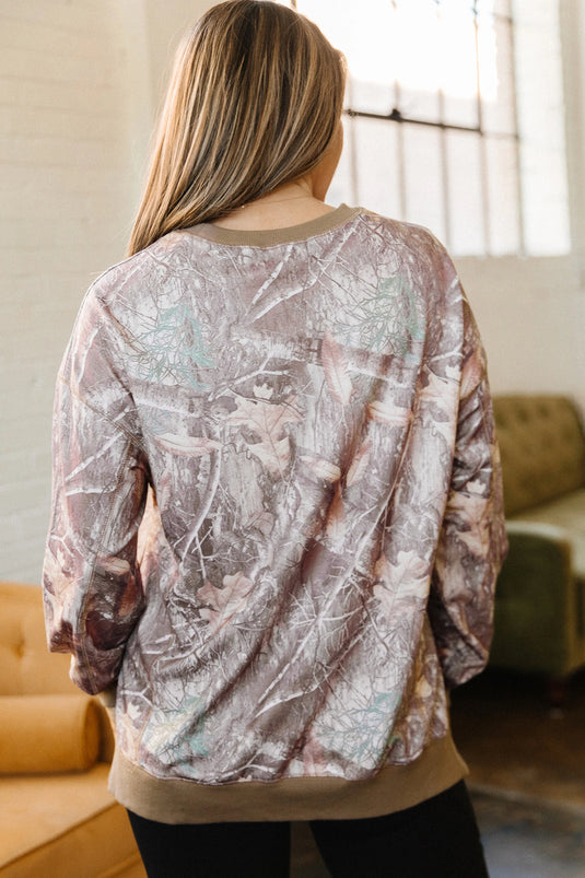 DLLS736 - Ladies Brown Abstract Camo Print Color Block Detail Baggy Pullover Sweatshirt