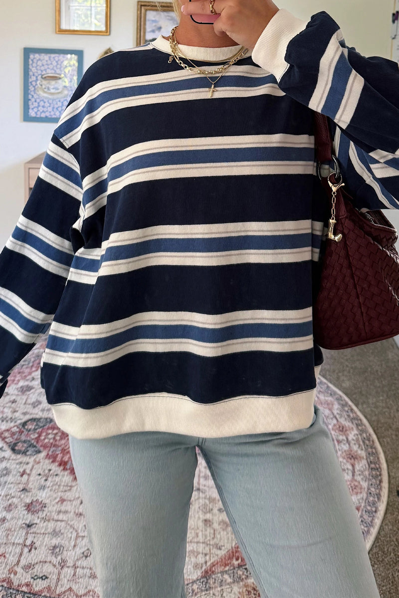 Load image into Gallery viewer, DLLS968 - Ladies Blue Stripe Ribbed Color Block Trim Round Neck Dropped Shoulder Sweatshirt
