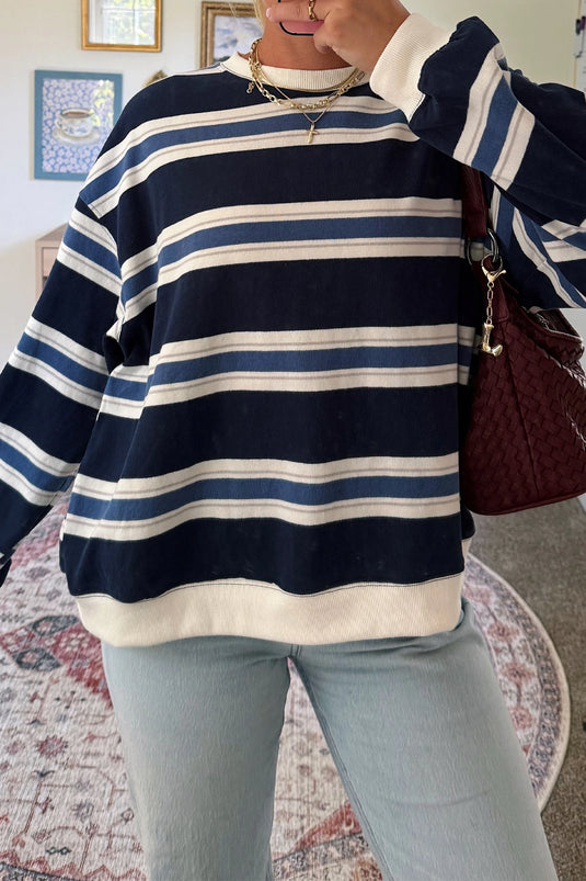 DLLS968 - Ladies Blue Stripe Ribbed Color Block Trim Round Neck Dropped Shoulder Sweatshirt
