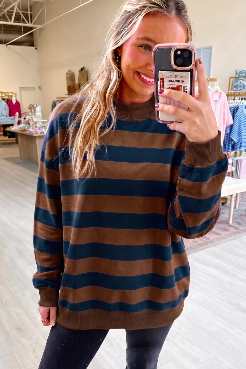 Load image into Gallery viewer, DLLS1012 - Ladies Brown Stripe Colorblock Mock Neck Relaxed Sweatshirt
