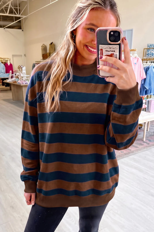 DLLS1012 - Ladies Brown Stripe Colorblock Mock Neck Relaxed Sweatshirt