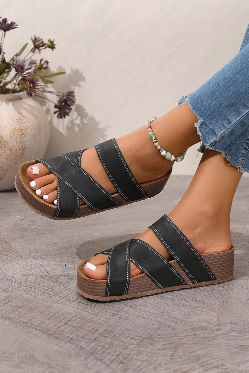 Load image into Gallery viewer, DLLSHOE 66  - Color Black Contrast Stitch Crossed Band Retro Platform Slippers
