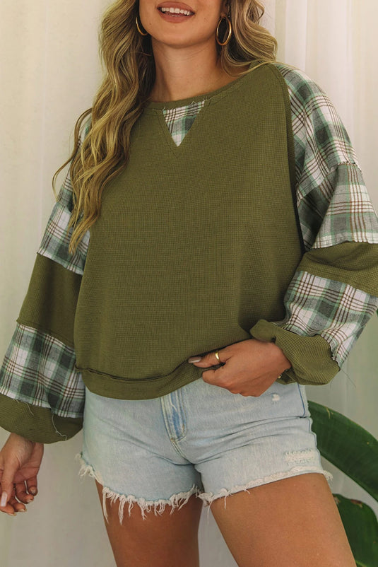 DLLS1145 - Ladies Green Plaid Patch Waffle Knit Exposed Seam Bubble Sleeve Top