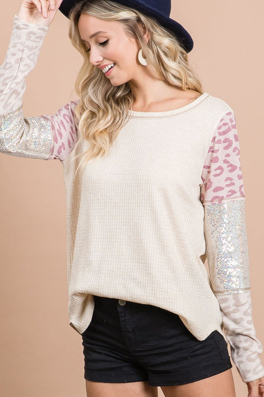 BIBI23- Ladies Thermal Waffle Top With Leopard Sleeves