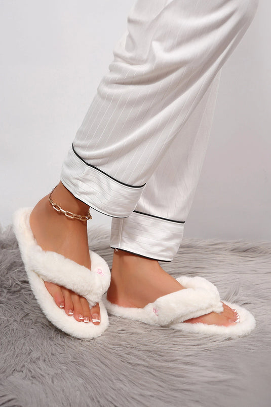 DLLSHOE 181 - White Faux Fur Tiny Bow Detail Flip Flop Slippers