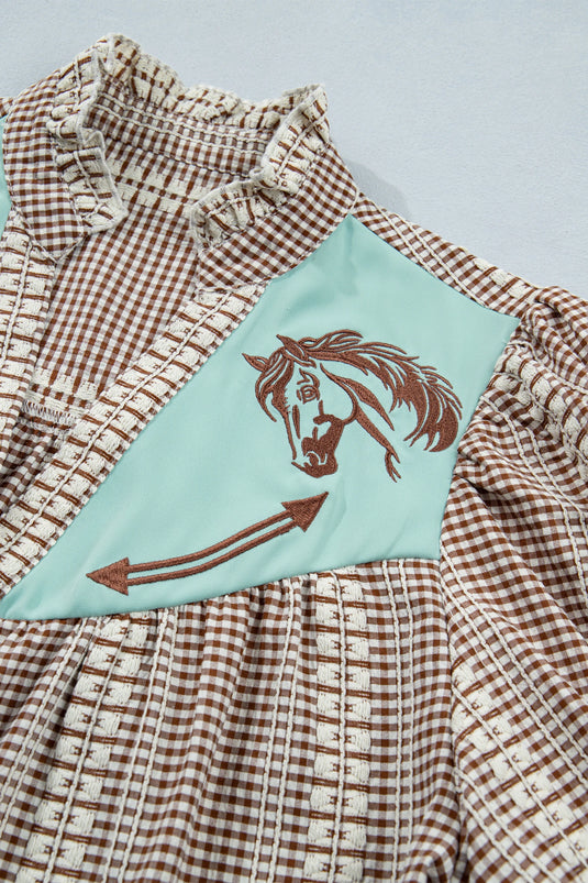 DLLS760 - Ladies Brown Western Pony Embroidered Yoke Puff Sleeve Gingham Blouse