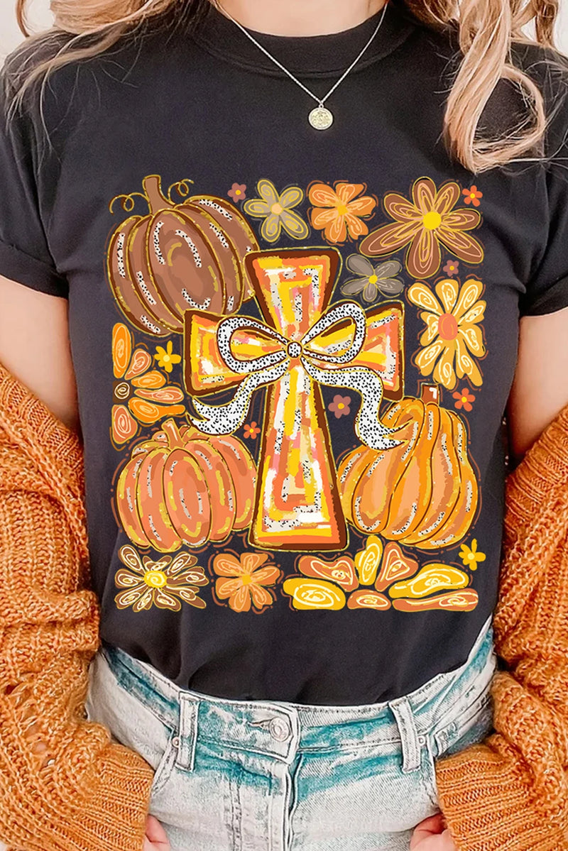 Load image into Gallery viewer, DLLS992 - Ladies Black Thanksgiving Pray Cross Pumpkin Graphic Cotton Blend Tee
