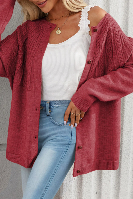 DLLS245 - Ladies Red Dahlia Solid Color Textured Detail Button Down Long Sleeve Sweater Cardigan