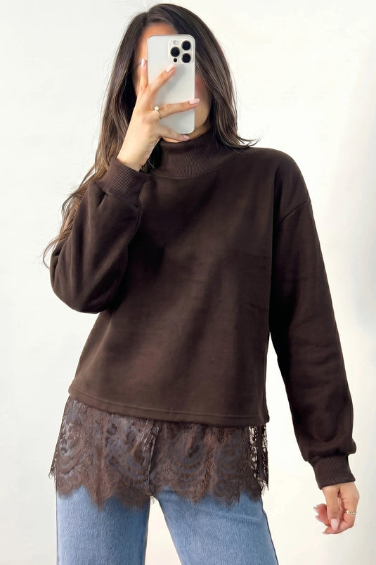 DLLS1060 - Ladies Coffee Solid Color High Neck Lace Splicing Hem Pullover Sweatshirt