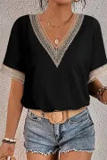 DLLS491 - Ladies Black Lace Trim V Neck Short Sleeve Blouse