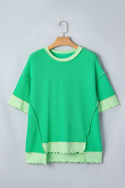 DLLS512 - Ladies Mint Green Loose Uneven Hem Twist Ribbed T Shirt
