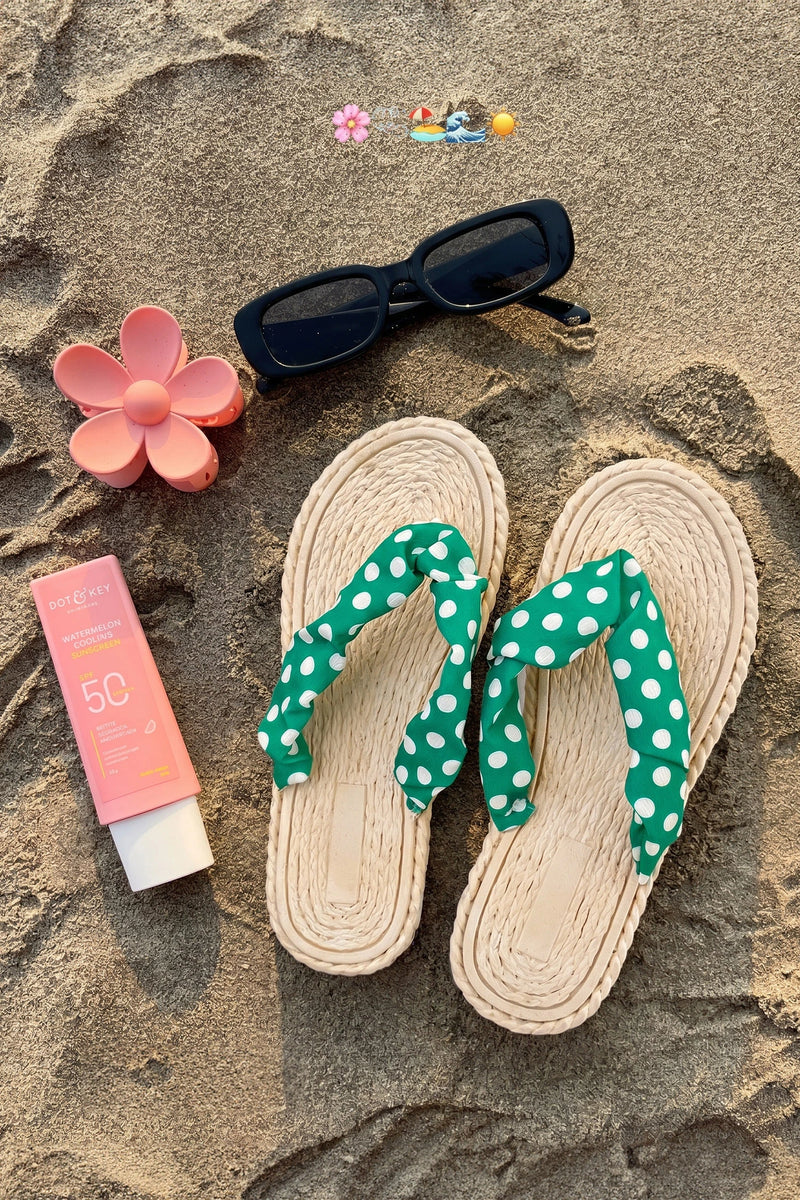 Load image into Gallery viewer, DLLSHOE 183 - Bright Green Polka Dot Fabric Upper PVC Braided Sole Flip Flops
