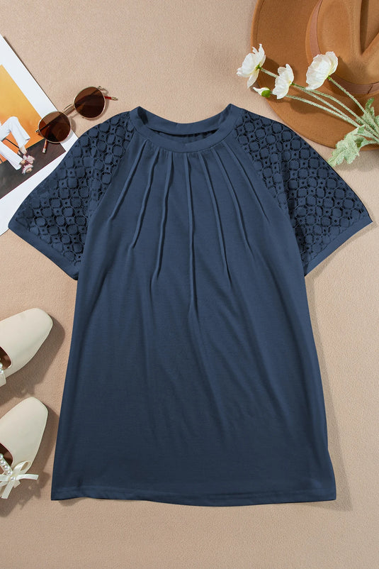DLLS535 - Ladies Navy Blue Seamed Detail Contrast Lace Raglan Sleeve Tee