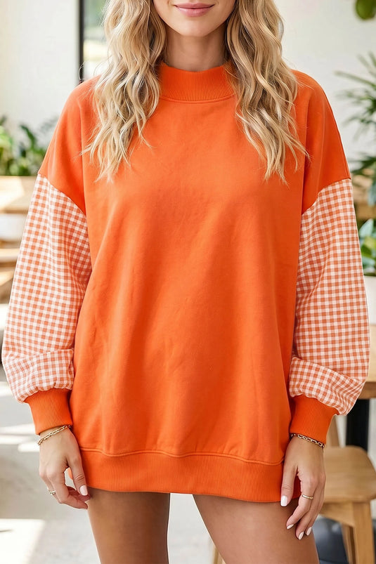 DLLS885 - Ladies Russet Orange Plaid Sleeve Colorblock Loose Tunic Sweatshirt