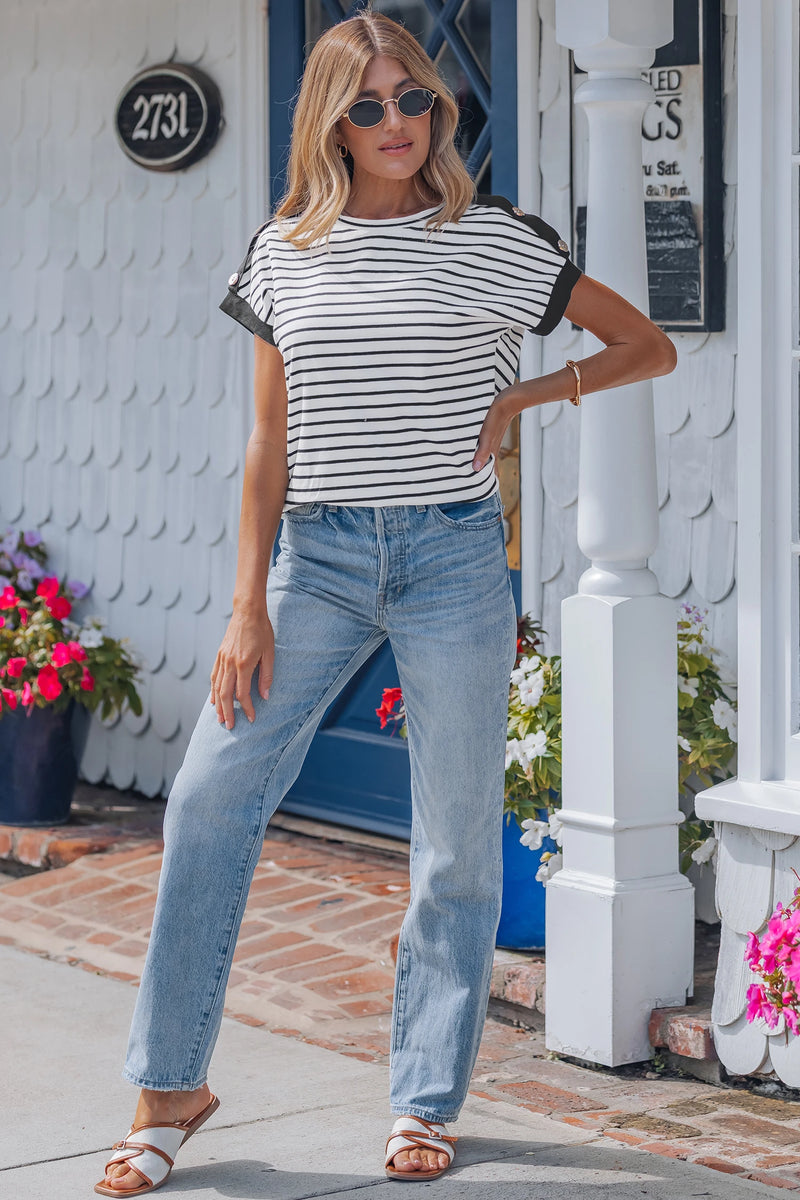 Load image into Gallery viewer, DLLS624 - Ladies Black Stripe Cuffed Sleeve Button Detail Loose Tee

