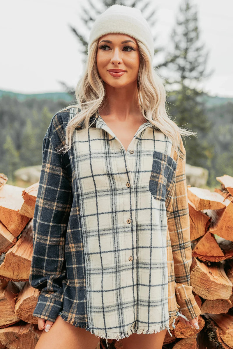 Load image into Gallery viewer, DLLS815 - Ladies Multicolour Plaid Button-Up Long Sleeve Shift Silhouette Shacket
