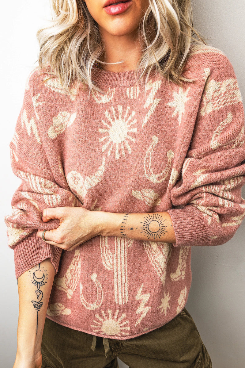Load image into Gallery viewer, DLLS731 - Ladies Peach Western Print Drop Shoulder Round Neck Long Sleeve Sweater
