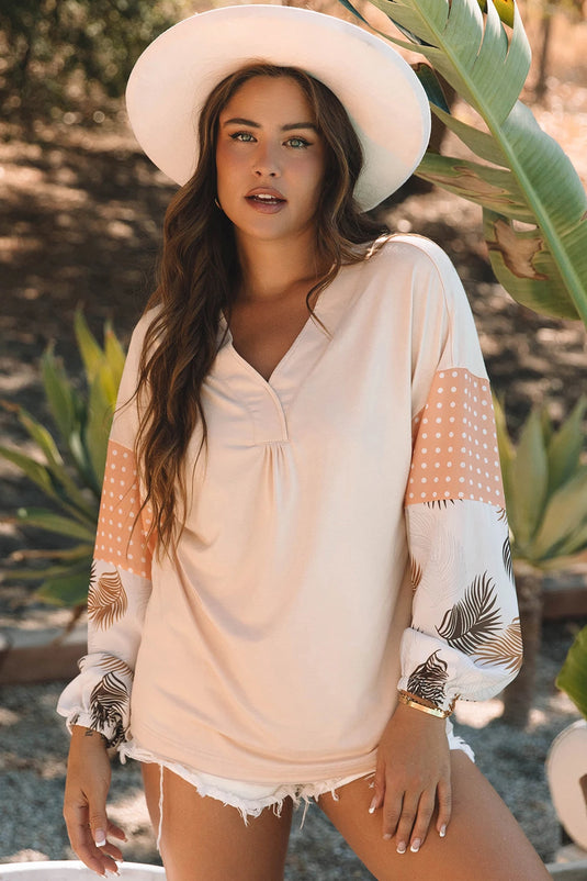 DLLS321 - Ladies Jet Stream Palm Leaves Polka Dot Puff Sleeve Patchwork V Neck Loose Blouse