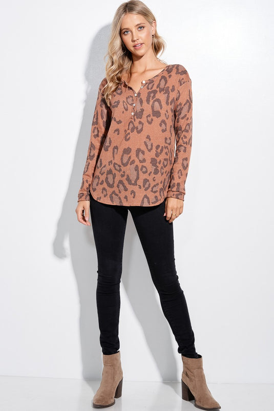 PL4 - Ladies Leopard Print Soft Waffle Long Sleeve Henley Top