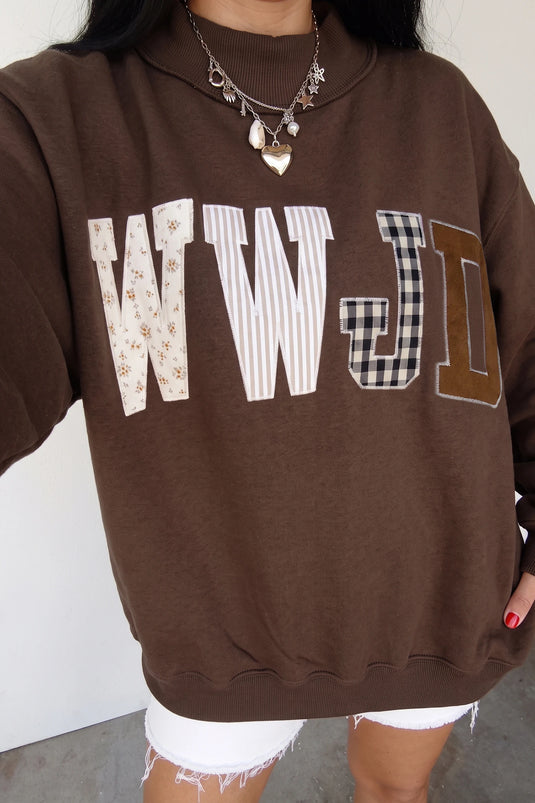 DLLS1139 - Ladies Coffee WWJD Pattern Embroidered Patch Graphic Mock Sweatshirt