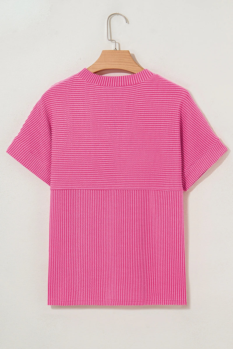 Load image into Gallery viewer, DLLS711 - Ladies Bright Pink Plain Corded Knit Mock Neck T Shirt
