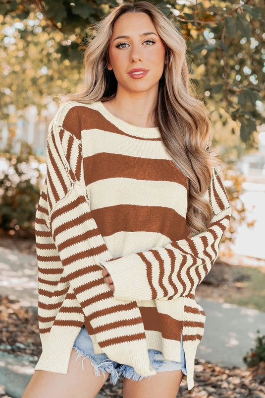 DLLS191 - Ladies Brown Stripe Drop Shoulder Sleeve Patchwork Baggy Sweater