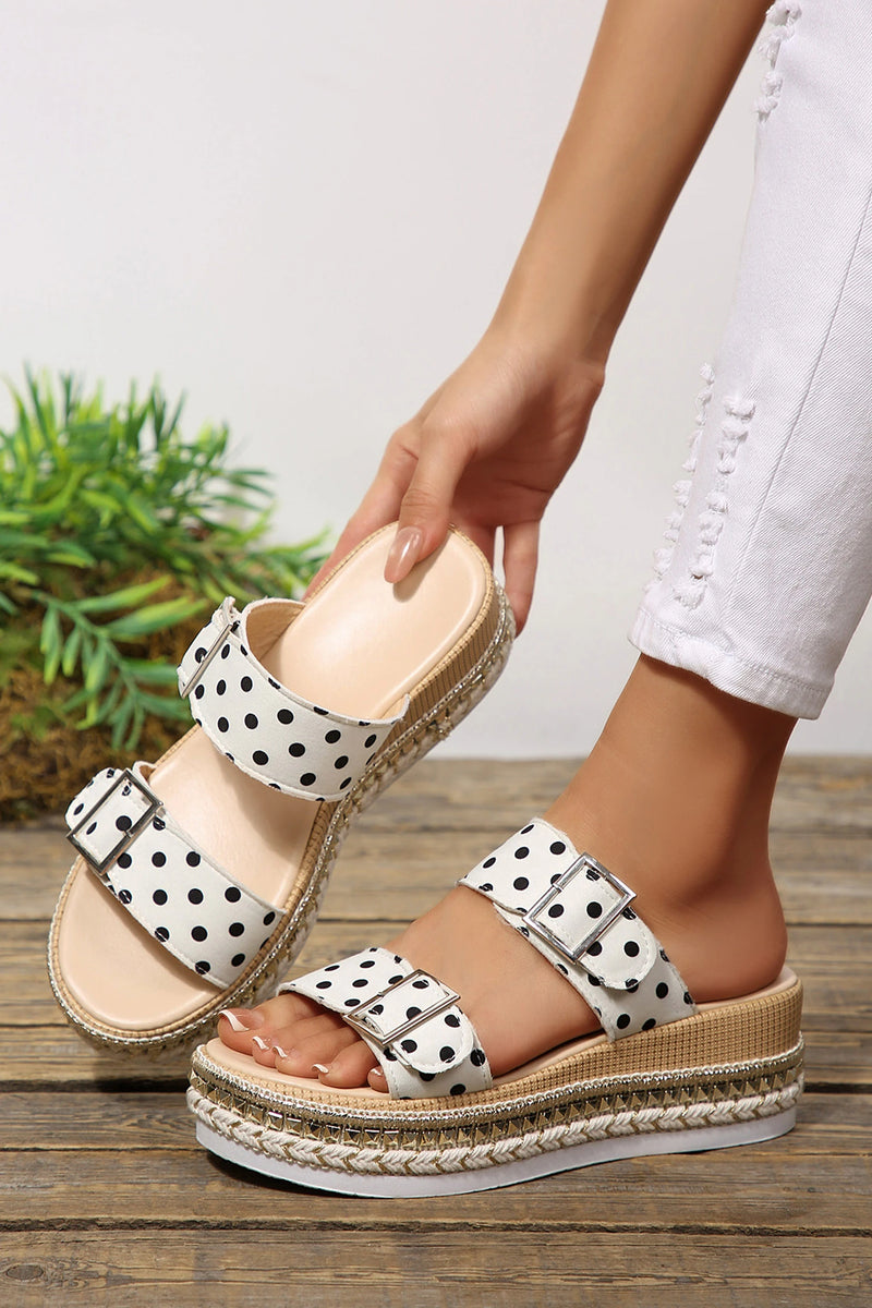 Load image into Gallery viewer, DLLSHOE 163 - White Polka Dot Pattern Double Buckle Straps Hollow Out Platform Slippers
