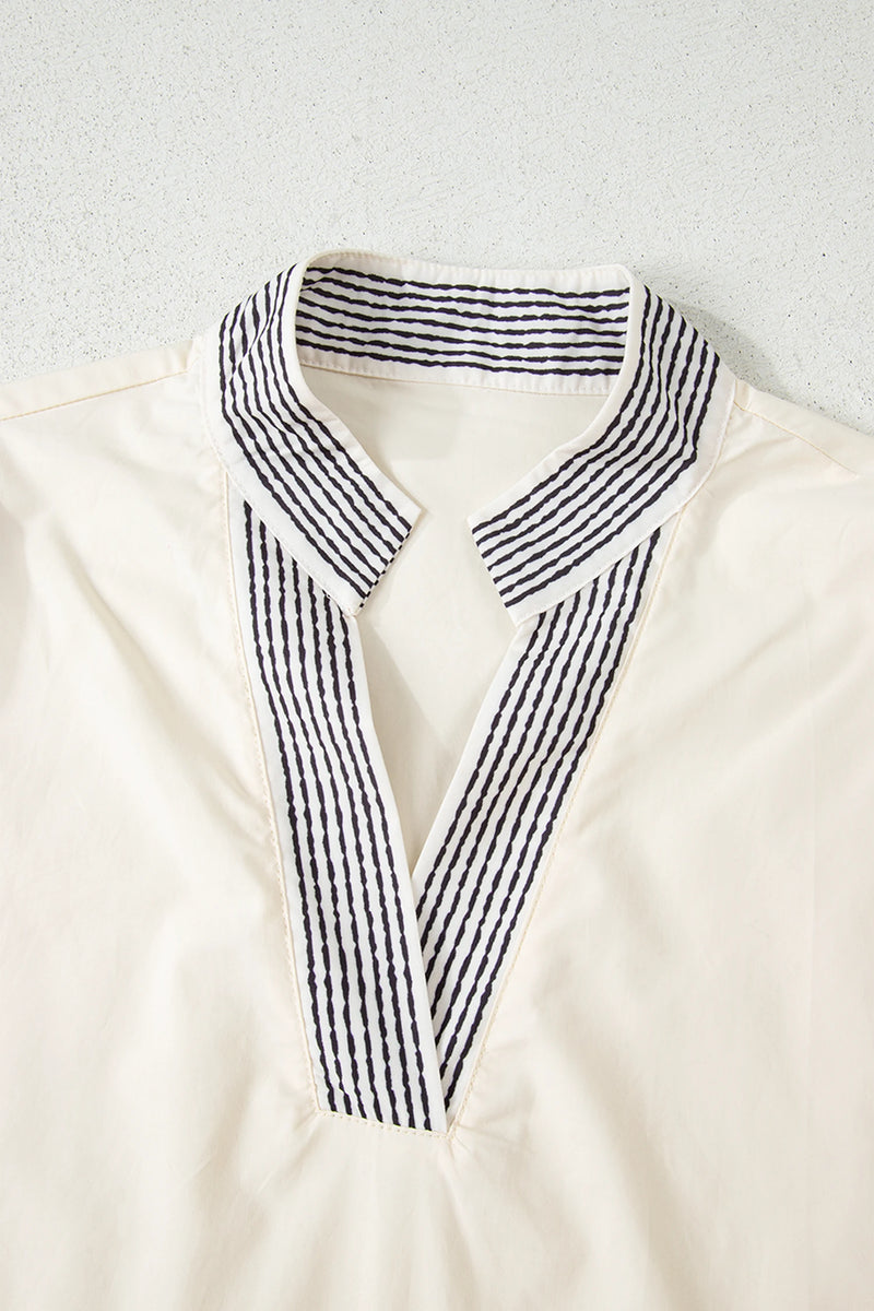 Load image into Gallery viewer, DLLS372- Ladies White Floral Puff Sleeve Contrast V Neck Patchwork Blouse
