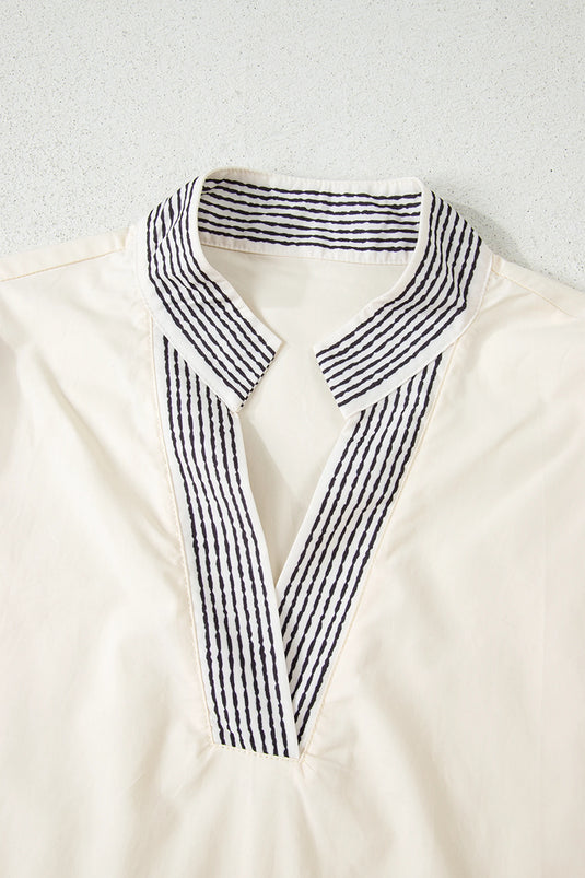 DLLS372- Ladies White Floral Puff Sleeve Contrast V Neck Patchwork Blouse