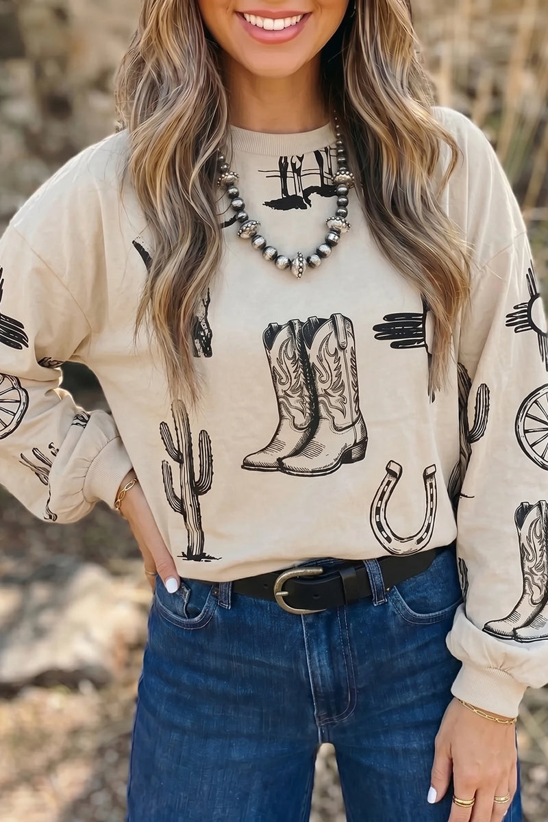Load image into Gallery viewer, DLLS1144 - Ladies Khaki Western Print Long Sleeve Round Neck Loose Top
