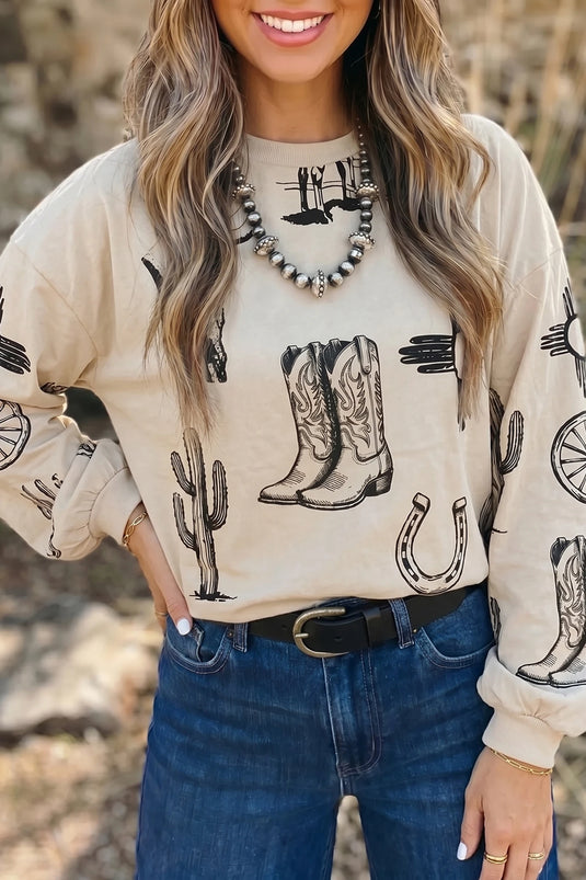 DLLS1144 - Ladies Khaki Western Print Long Sleeve Round Neck Loose Top