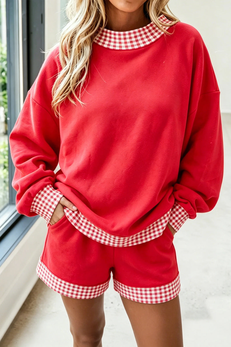 Load image into Gallery viewer, DLLS801 - Ladies Fiery Red Gingham Trim Baggy Pullover 2pcs Short Set
