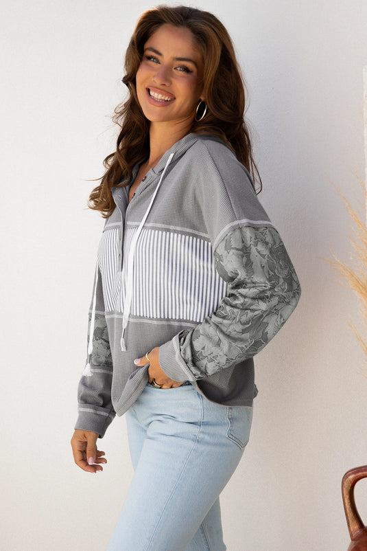 DLLS218 - Ladies Gray Waffle Printed Patchwork Drawstring Hooded Long Sleeve Top