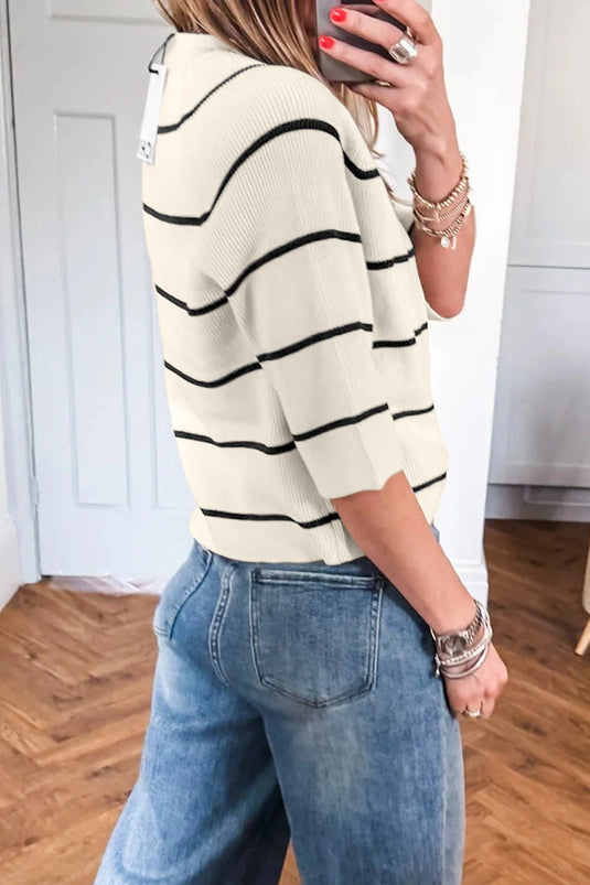 DLLS945 - Ladies White Stripe Ribbed Knit Half Sleeve Loose Sweater Tee