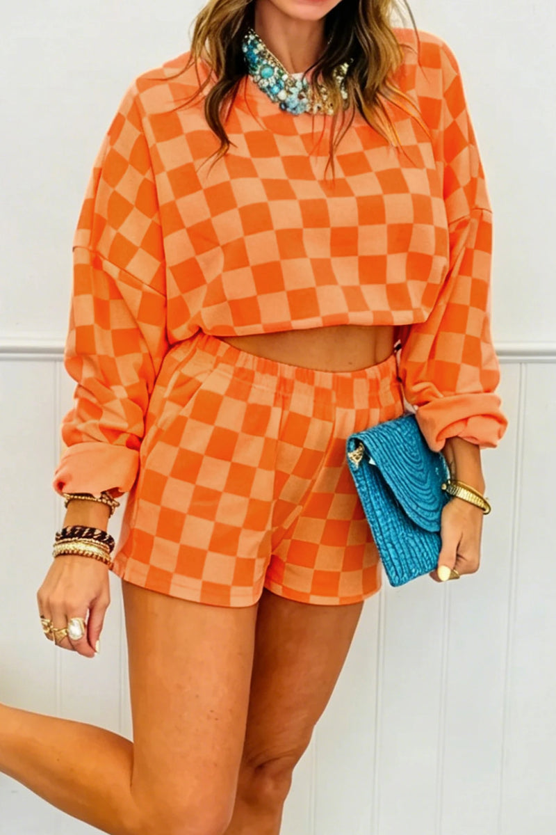 Load image into Gallery viewer, DLLS1149 - Ladies Orange Plaid Long Sleeve Crop Top Elastic Waist Shorts Two Piece Set
