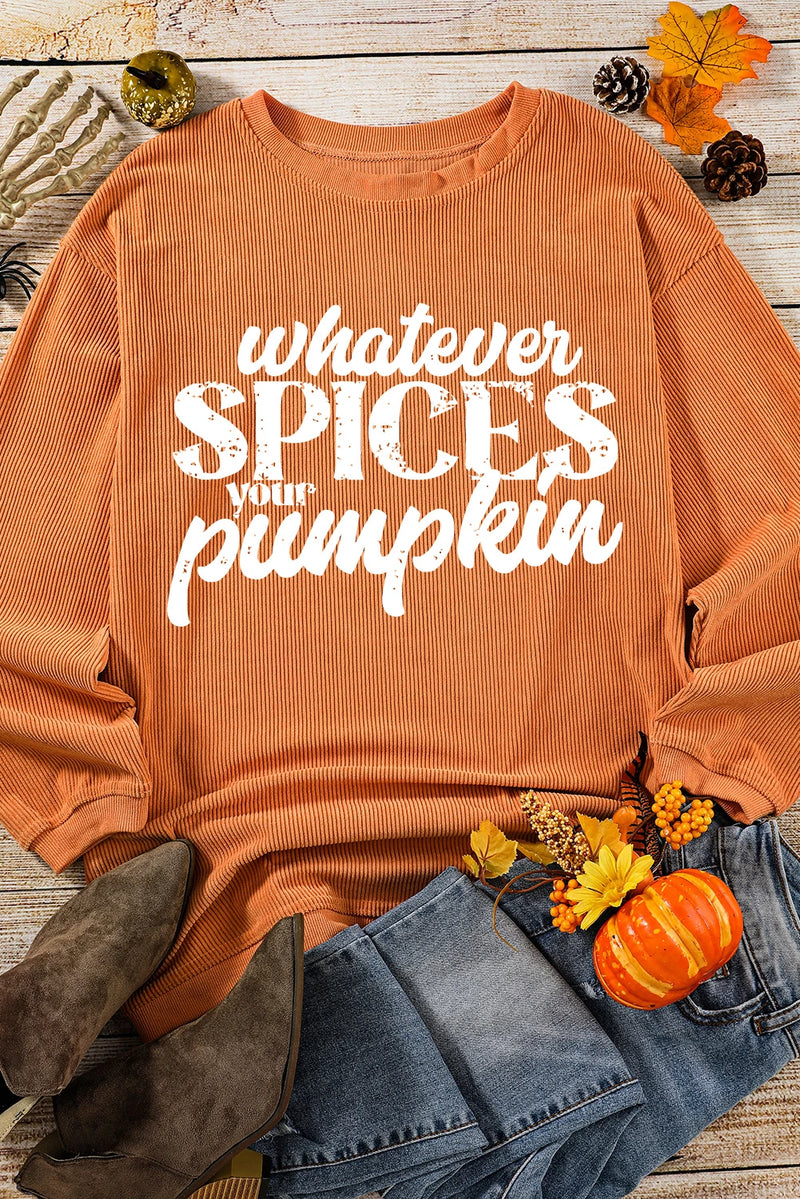 Load image into Gallery viewer, DLLS990 - Ladies Orange Whatever Spices Your Pumpkin Corded Pullover Sweatshirt
