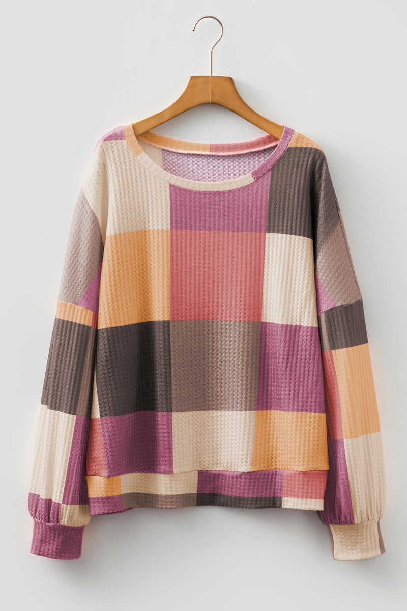 Load image into Gallery viewer, DLLS198 - Ladies Rose Red Checkered Print Textured Knit Long Sleeve Loose Top
